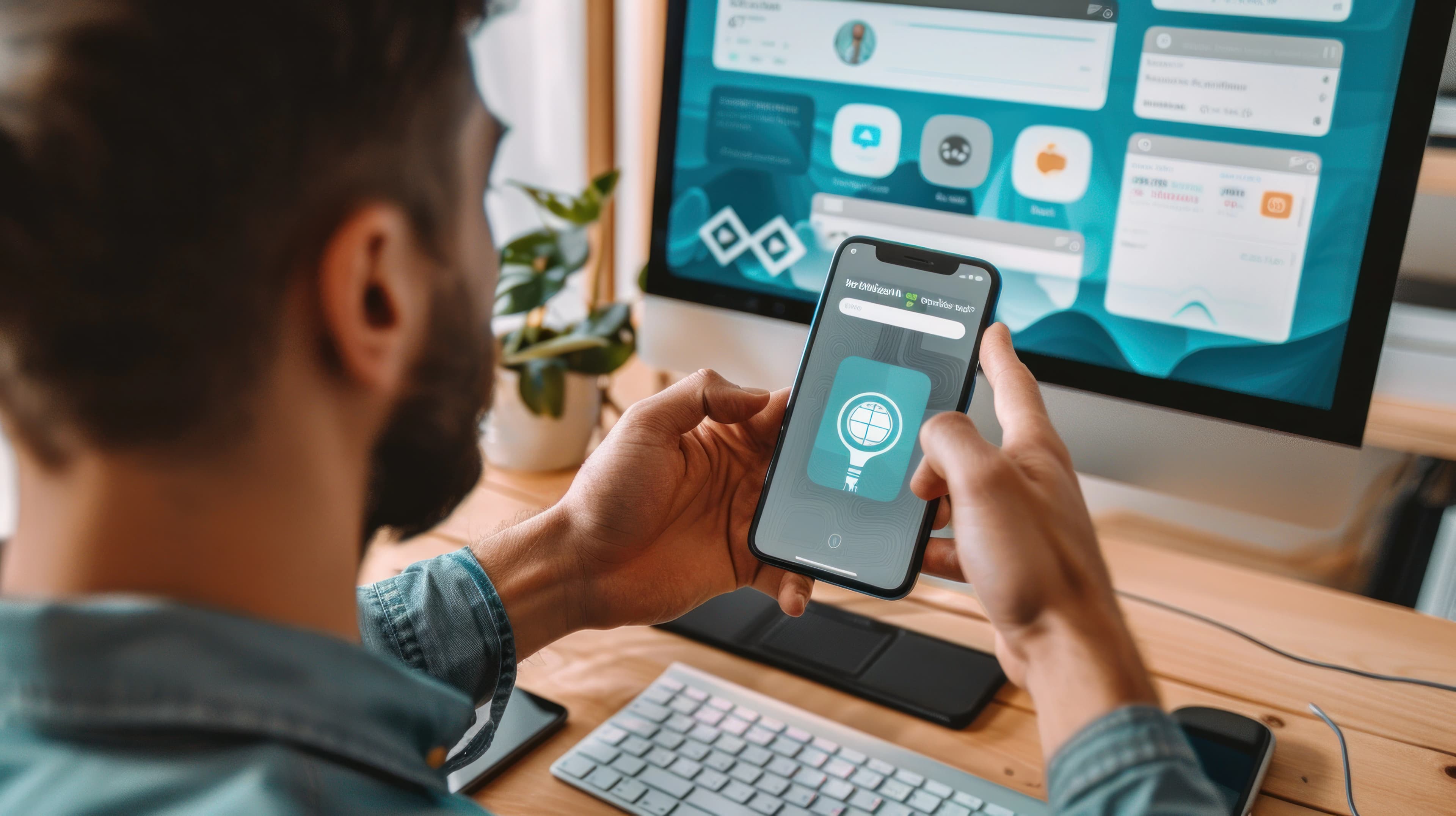 Homem utilizando um smartphone com um aplicativo digital, sentado em uma mesa com uma tela de computador exibindo conteúdo de aplicativo semelhante ao fundo. O espaço de trabalho está organizado com um teclado, planta e acessórios tecnológicos, sugerindo um ambiente moderno e voltado para tecnologia.